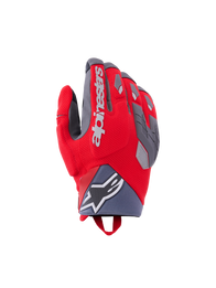Alpinestars Durack Gloves, Motorcycle Riding Gloves, Bright Red and Mid Gray, featuring divided knuckle protection with gray TPR accents, white Alpinestars branding on the backhand, neoprene wrist cuff with star logo, and performance adventure design