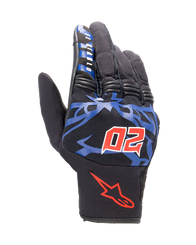 Alpinestars FQ20 Copper Gloves, urban motorcycle gloves, black with blue graphics and bright red accents, featuring the red horned number 20 and "El Diablo" text on the index finger, mesh fabric construction with a short-cuff design