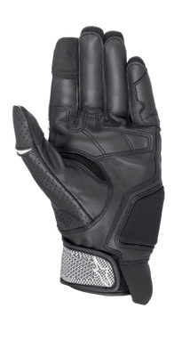 Alpinestars Morph Sport Gloves, Motorcycle Gloves, Black and White, palm side view showing reinforced panels, perforated thumb, and textured wrist strap with Alpinestars logo