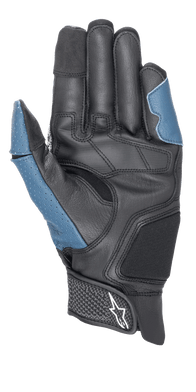Alpinestars Morph Sport Gloves, palm side view, Black and Blue Sodalite, featuring reinforced leather palm, perforated blue panels on the thumb and outer side, short cuff with hook-and-loop strap and Alpinestars logo, performance gear for sport and road riding