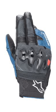 Alpinestars Morph Sport Gloves, Motorcycle Gloves, Black and Blue Sodalite, featuring over-injected knuckle guards, MorphTech Weave backhand with RIDEKNIT inserts, white star logo on the cuff, technical textured fabric for road racing
