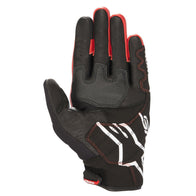 Alpinestars Honda SMX-2 Air Carbon V2 Gloves, Motorcycle Gloves, Black and Red, palm view featuring leather construction with 3D mesh, white Alpinestars logo, reinforced palm and thumb areas for grip, short cuff design.