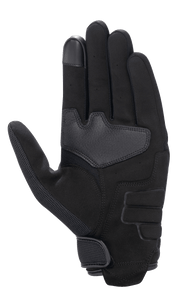 Alpinestars Honda Copper Glove, Black, palm view of urban motorcycle glove featuring synthetic suede construction, reinforced palm area, touchscreen-compatible fingertip, and hook-and-loop wrist closure.