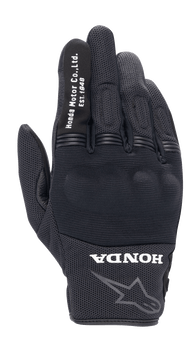 Alpinestars Honda Copper Glove, Black Urban Motorcycle Glove, textured mesh construction, white 'Honda Motor Co. Ltd. Est. 1948' text on the index finger, 'HONDA' logo and Alpinestars star outline on the wrist, hard knuckle protection, lightweight gear for road riding
