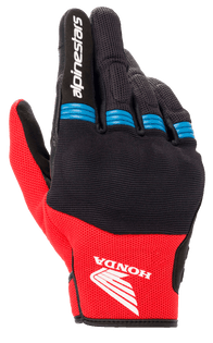 Alpinestars Honda Copper Glove, Motorcycle Gloves, Black and Bright Red with Blue accents, featuring Honda wing logo on the backhand, Alpinestars branding on the index finger, mesh construction with accordion finger details, short cuff urban style
