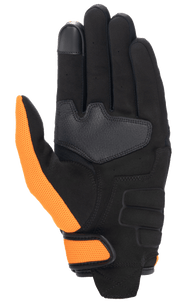 Honda Copper Glove, Motorcycle Glove, Black and Orange, palm side view featuring a synthetic suede palm, orange mesh thumb and wrist strap, and touchscreen-compatible index fingertip.