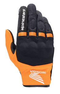 Alpinestars Honda Copper Glove, Lightweight Urban Motorcycle Glove, Black and Orange, featuring the Honda wing logo on the wrist, Alpinestars text on the index finger, mesh construction, and orange accordion panels on knuckles.