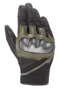 Alpinestars Chrome Gloves, Motorcycle Gloves, Black and Forest Green, featuring carbon-look hard knuckle protection, olive green leather accents, and durable multi-panel textile construction