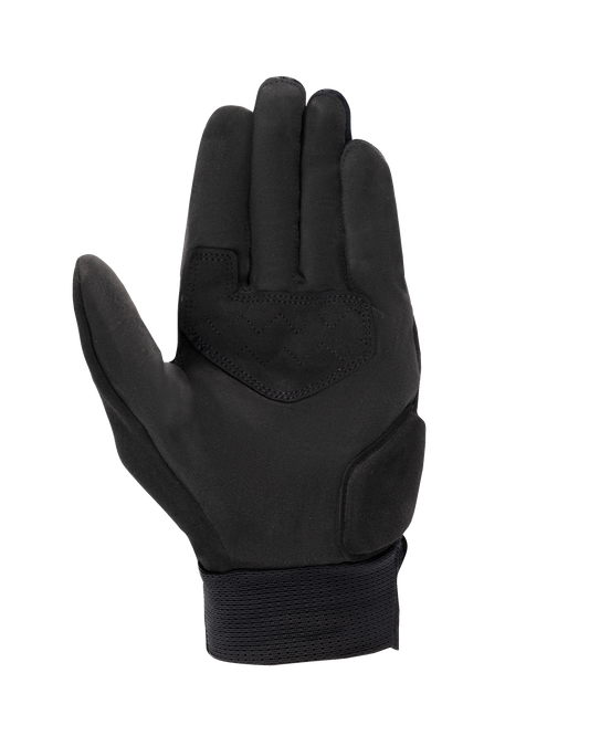 Alpinestars Stated Air Gloves, Motorcycle Gloves, Black, palm view featuring synthetic suede construction, reinforced palm patch with zigzag stitching, and ribbed elastic wrist cuff, urban summer riding gear