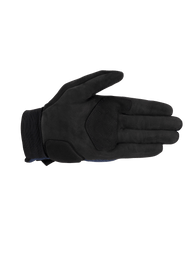 Alpinestars Stated Air Gloves, Motorcycle Gloves, Dark Blue and Black, palm side view showing black synthetic suede construction, reinforcement patches with zig-zag stitching, and elasticated wrist closure.