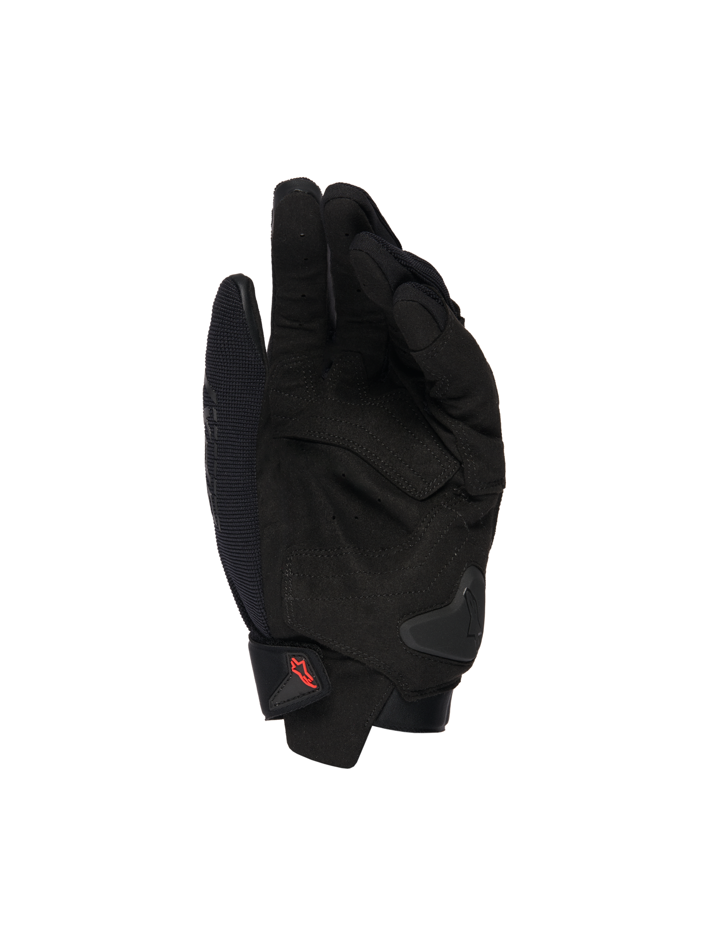 Alpinestars SP X 1 Gloves, Black motorcycle gloves, palm view showing synthetic leather overlays, reinforced strike zones, TPR palm slider, short cuff closure with red logo, sport riding protection