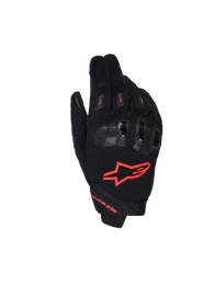 Alpinestars SP X 1 Gloves, Motorcycle Racing Gloves, Black and Red Fluo, featuring a red logo on the backhand, ergonomic black knuckle protectors, mesh textile construction, and sleek short-cuff design for sport riding