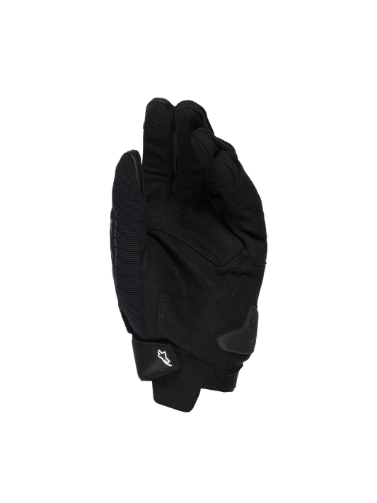 Alpinestars SP X 1 Gloves, Black, palm view showing synthetic leather construction for grip, TPR palm slider for impact protection, and adjustable cuff with white Alpinestars logo, motorcycle sport gear