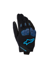 Alpinestars SP X 1 Gloves, Motorcycle Racing Gloves, Black and Blithe Blue, featuring blue TPR knuckle protectors, bright blue star logo on backhand, stretch fabric construction, sleek sport design with performance-focused details