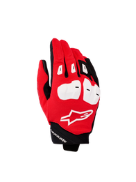Alpinestars SP X 1 Gloves, Motorcycle Sport Gloves, Bright Red Black and White, featuring white TPR knuckle protectors, textured red fabric backhand with white Astars logo, and short black cuff, performance riding gear