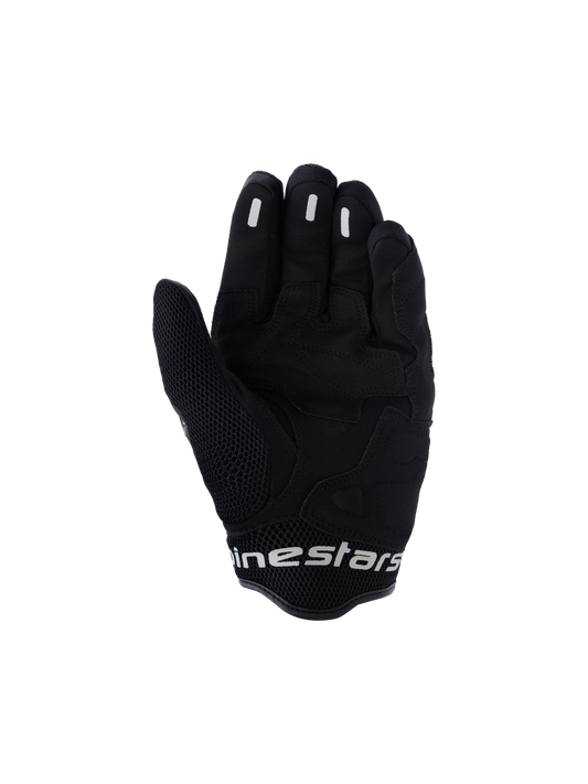 Alpinestars Mogress Airflow Gloves, Urban Motorcycle Gloves, Anthracite Black, palm view featuring synthetic reinforcements and 3D mesh zones, silicone grip inserts on fingers, short cuff with white branding
