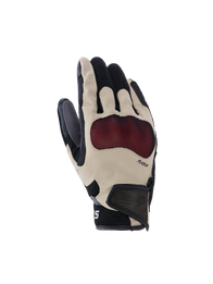 Alpinestars Mogress Airflow Gloves, Motorcycle Gloves, Beige Black and Red, featuring red Nucleon Plasma knuckle protection, laser-perforated fingers, 3D mesh panels for airflow, and a short cuff with Velcro strap