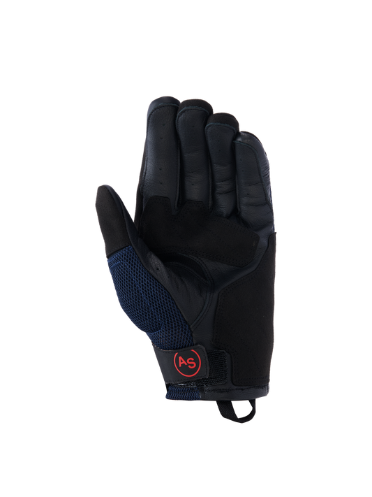 Alpinestars Manti Air Gloves, Motorcycle Gloves, Deep Blue and Black, leather palm view with perforated fingers, mesh side panels, and red circular AS logo on the wrist strap, adventure riding gear