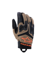 Alpinestars Manti Air Gloves, Motorcycle Gloves, Dark Khaki and Black with Orange Fluo accents, featuring 3D stretch mesh construction, injected knuckle protection with perforated design, orange star logo, and secure wrist closure, designed for summer adventure and road riding