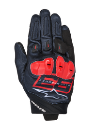 MM93 Spx 1 Gloves, Motorcycle Racing Gloves, Black with Bright Red and White accents, Red protective knuckle guards, featuring the Marc Marquez 93 logo and Alpinestars branding, textured fabric with a sporty performance design