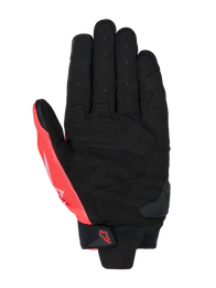 Alpinestars MM93 SP X 1 Gloves, palm view, Black and Red Fluo, synthetic leather construction with perforated palm, reinforced sections, TPR slider on the palm, and velcro wrist strap with Alpinestars logo.