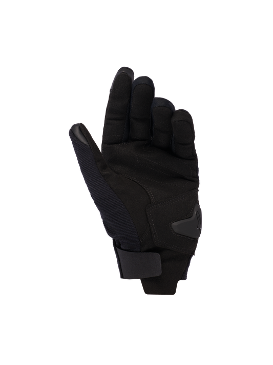 Alpinestars Reef Women's V2 Gloves, Black, palm view showing synthetic suede material, padded reinforcement, and hook-and-loop wrist strap, short cuff urban motorcycle gloves