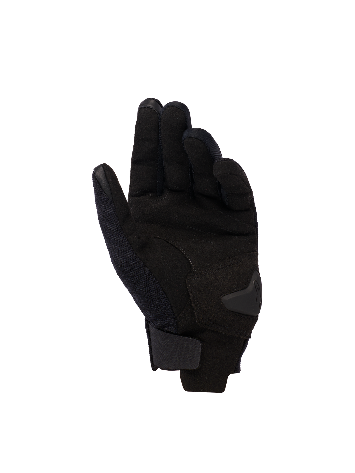 Alpinestars Reef Women's V2 Gloves, Palm View, Black Hawaiian Ocean, short-cuff women's motorcycle gloves featuring synthetic suede palm, touchscreen-compatible fingertips, and adjustable hook-and-loop wrist closure.