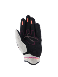 Alpinestars Woman Stella Mogress Airflow Gloves, Motorcycle Gloves, Black Ecru Fading Coral, palm side view showing white 3D mesh on thumb and cuff, coral silicone grip strips on fingers, and pink stitching accents
