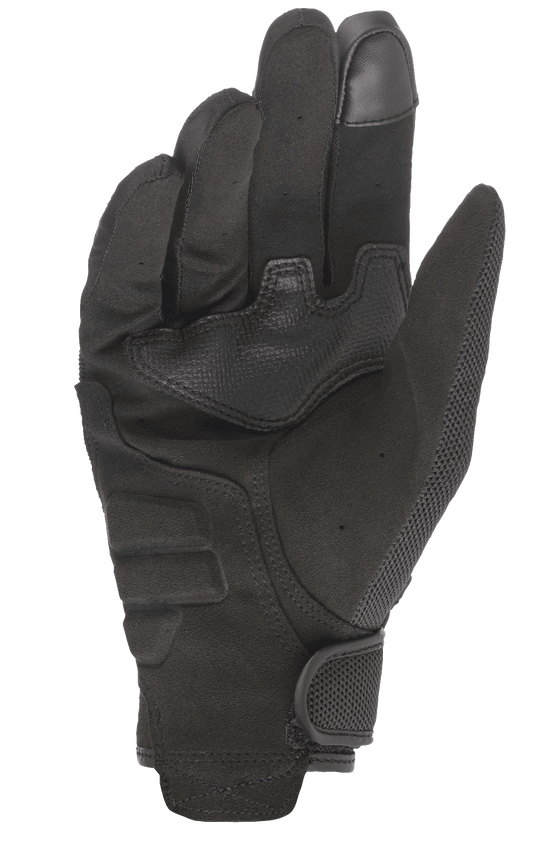 Alpinestars Stella Copper Women's Motorcycle Gloves, palm view, Black, featuring full synthetic suede palm with reinforcement patches, touchscreen-compatible fingertip, and hook and loop wrist closure