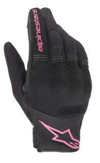 Alpinestars Stella Copper Gloves, Women's Motorcycle Gloves, Black and Fuchsia, pink Alpinestars logo on the wrist and text on the finger, mesh and textile design with padded knuckle area, urban commuting gear