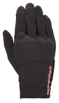 Alpinestars Women Stella Reef Gloves, Urban Motorcycle Gloves, Black with Fuchsia Pink Logo, stretch fabric construction, short cuff design, textured material for city riding