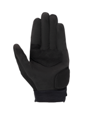 Alpinestars Stated Women's Gloves, Black, palm view showing synthetic suede material, reinforced palm and thumb areas, touchscreen-compatible fingertips, and elastic wrist cuff, urban motorcycle riding gear