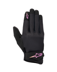 Alpinestars Stated Women's Gloves, Urban Motorcycle Gloves, Black with Pink and Yellow gradient logo, textured airprene backhand, Velcro wrist strap, lightweight and breathable summer gear
