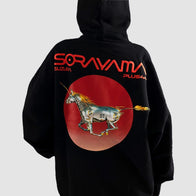 +44 + Hajime Sorayama Suzuka Unicorn Hoodie Hoodie unisex detail view 3 | Dash Racegear — Black +44 hoodie with Sorayama’s Suzuka Unicorn print