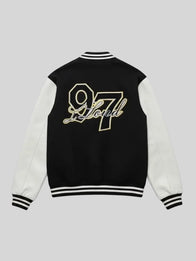 97 lloud Varsity Jacket Varsity Jacket unisex detail view 2 | Dash Racegear — Black and white 97 lloud Varsity Jacket, retro-inspired design, perfect for everyday layering.
