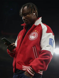 Olympiacos F.C. UEFA Champions League 2025 Jacket Jacket unisex detail view 2 | Dash Racegear — Olympiacos F.C. 2025 varsity jacket styled by Aimé Leon Dore