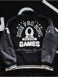 Abercrombie 2026 Pro Bowl Game Jacket Jacket unisex front product view | Dash Racegear — Abercrombie 2026 Pro Bowl Games Varsity Jacket in black, wool body with leather sleeves for bold fan style.
