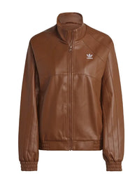 Adidas Adicolor Trefoil Faux Leather Jacket Leather Jacket unisex front product view | Dash Racegear — Brown Adidas Adicolor Trefoil faux leather jacket, statement outerwear built for comfort and street style.