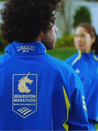 Boston Marathon Jacket 2026 Jacket unisex detail view 2 | Dash Racegear — 2026 Adidas Boston Marathon Celebration Jacket in Blue, lightweight performance jacket for training, jogging, or race day events.