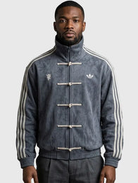 Man Utd Chinese New Year Jacket Jacket unisex front product view | Dash Racegear — Multicolor suede leather jacket from Adidas x Manchester United Chinese New Year 2026 collection designed in a unisex modern streetwear style.
