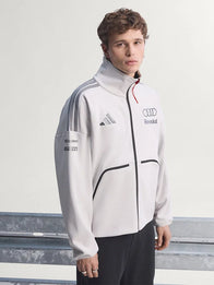 Adidas x Audi Revolut F1 Engineers & Marketing Track Jacket Jacket unisex detail view 2 | Dash Racegear — Audi Revolut F1 white fleece track jacket from Adidas with team logos, perfect for engineers and staff alike.