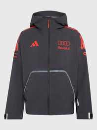 Adidas x Audi Revolut F1 Mechanics Rain Jacket Jacket unisex front product view | Dash Racegear — Audi Revolut F1 black hooded rain jacket from Adidas, full zip and weather protection made for motorsport team wear.