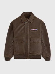 Aime Leon Dore World’s Borough Leather Flight Jacket Jacket unisex front product view | Dash Racegear — ALD World’s Borough 2026 brown leather jacket with sturdy stitching and sleek silhouette for everyday wear.