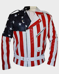 American Flag Leather Jacket Biker Jacket unisex front product view | Dash Racegear — Vanilla Ice Mens Leather American Flag Motorcycle Jacket