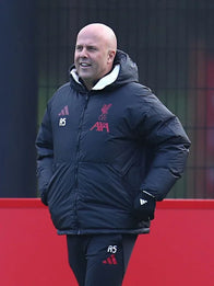 Arne Slot Team Training Session 2025 LFC Puffer Jacket Puffer Jacket unisex detail view 2 | Dash Racegear — Liverpool’s Dutch Manager Arne Slot UEFA Champions League 2025 Black Puffer Hooded Jacket featuring quilted insulation, made for fans in cold…