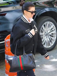 Anne Hathaway Arsenal Gunners Jacket Jacket unisex detail view 3 | Dash Racegear — Anne Hathaway 2026 Arsenal Gunners Wool Varsity Jacket – Black clean black tone, bold Arsenal detailing, stadium layering