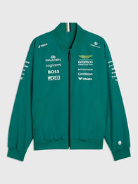 Aston Martin F1 Team 2026 Team Bomber Jacket Bomber Jacket unisex front product view | Dash Racegear — Aston Martin F1 Team 2026 green bomber jacket with ribbed cuffs and bold race graphics for motorsport fans.