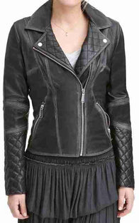 Womens Asymmetrical Style Black Quilted Motorcycle Jacket Biker Jacket women front product view | Dash Racegear — Black Quilted Asymmetrical Style Womens Moto Jacket