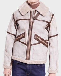 Aviator Style Mens White Waxed Leather Jacket Leather Jacket men front product view | Dash Racegear — Mens Aviator Style White Waxed Shearling Leather Jacket