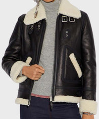 Womens Aviator Ivory Shearling Leather Jacket Leather Jacket women detail view 2 | Dash Racegear — Womens Black Leather Ivory Shearling Jacket
